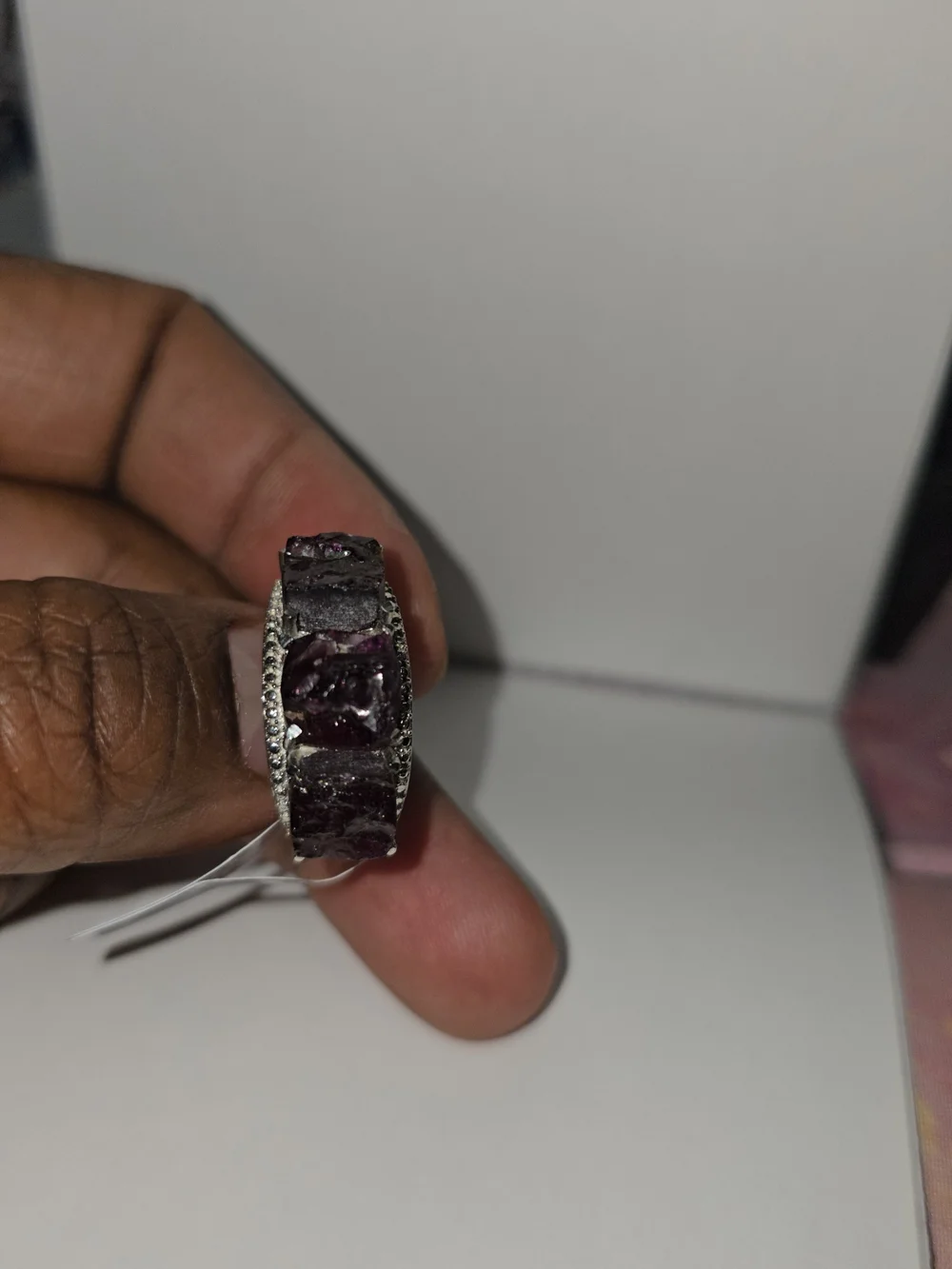Silver & Gold Statement Ring with Dark Purple Raw Gemstones